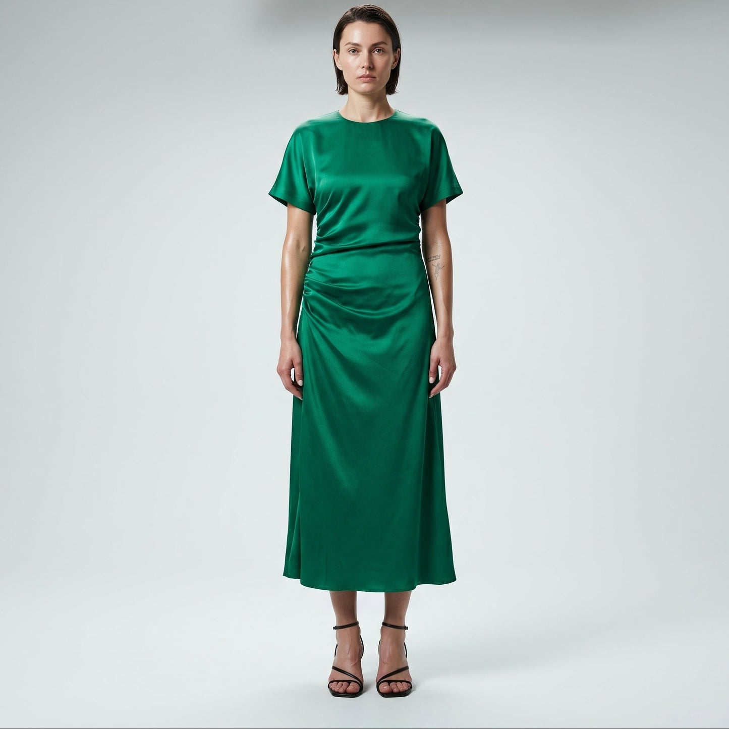 Emerald Ruched Satin Midi Dress