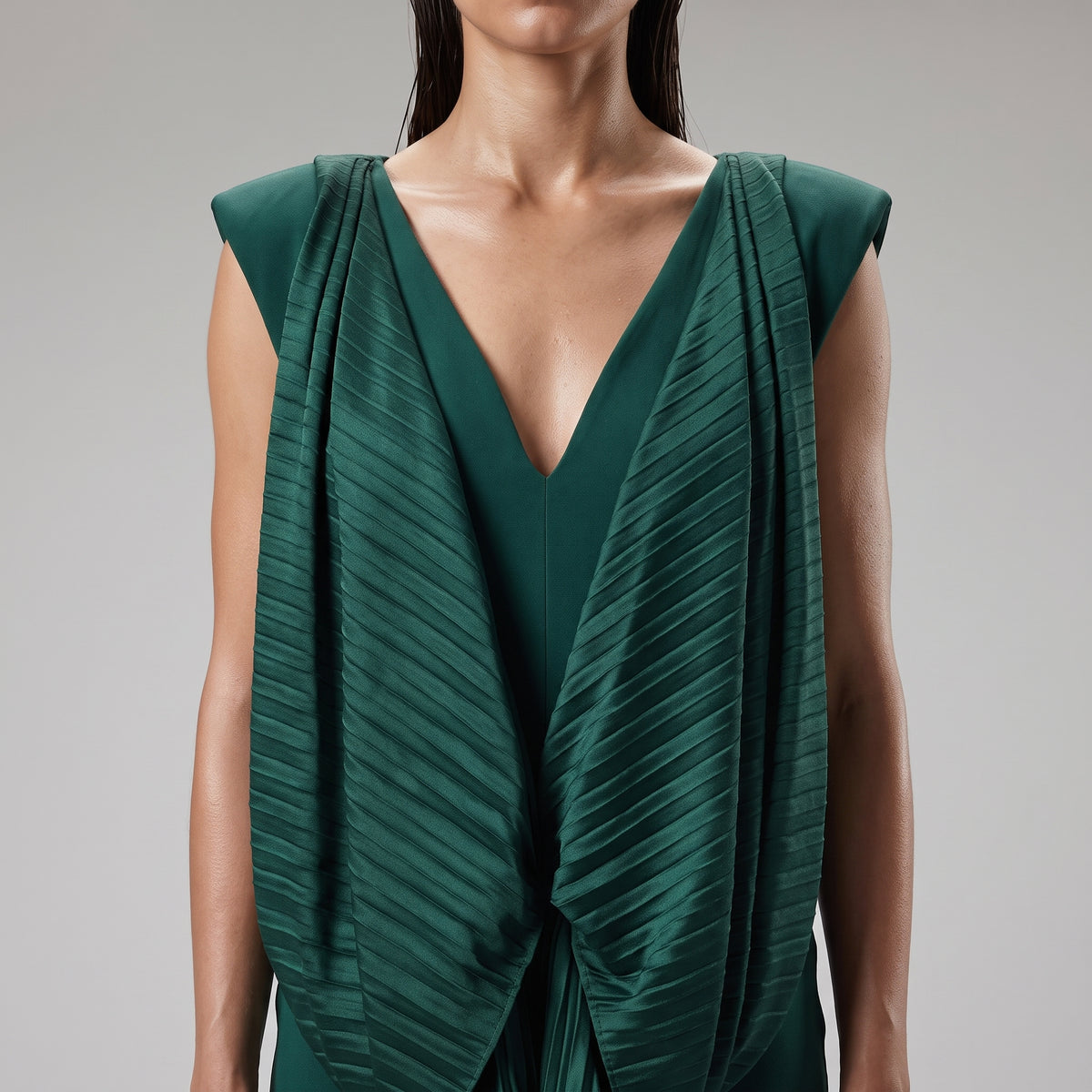 Emerald Pleated Draped Evening Gown