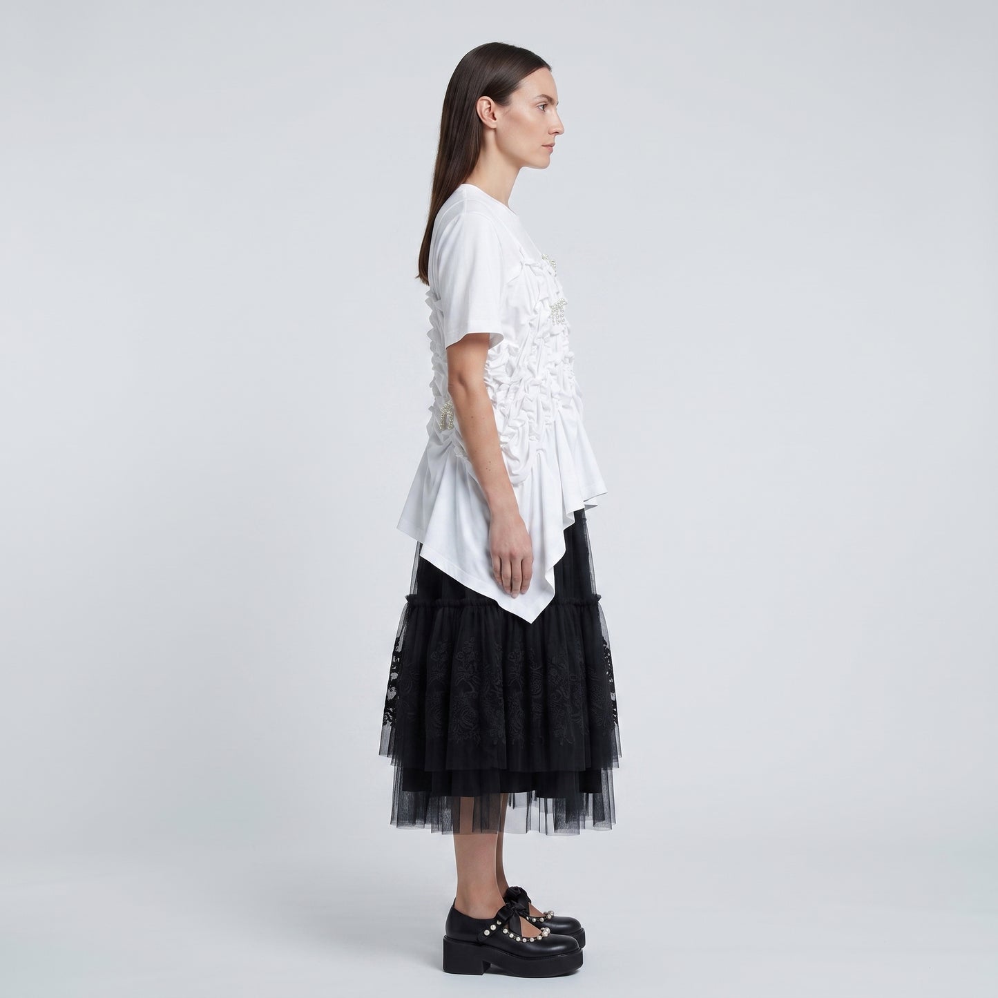 Ruched Embellished Cotton Tee