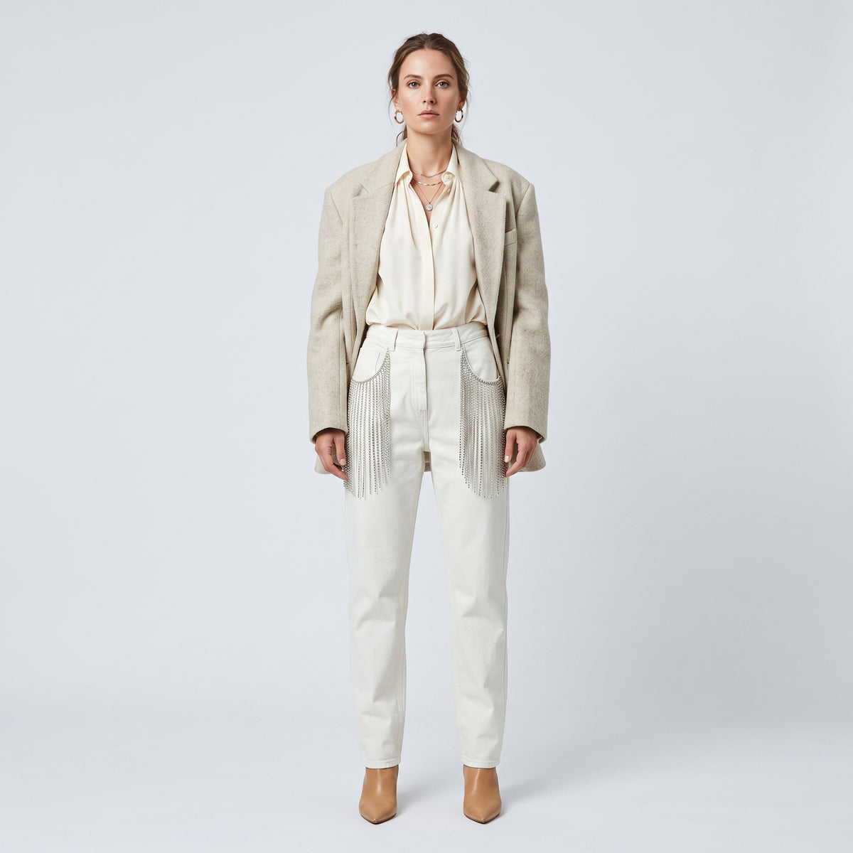Crystal Embellished Ivory Denim Trousers