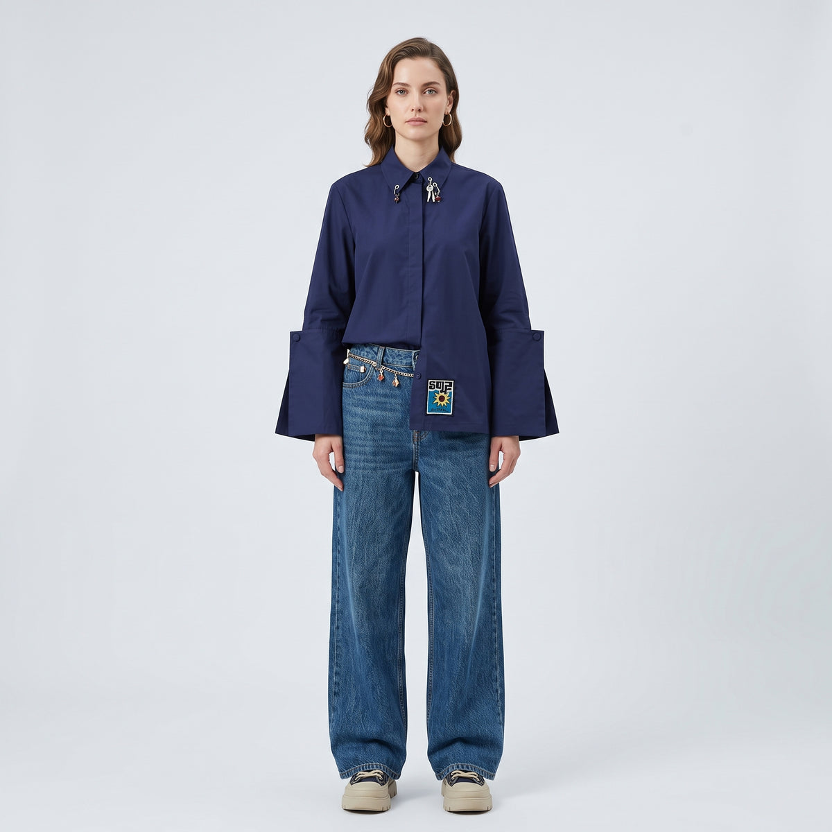 Navy Embellished Poplin Button-Up