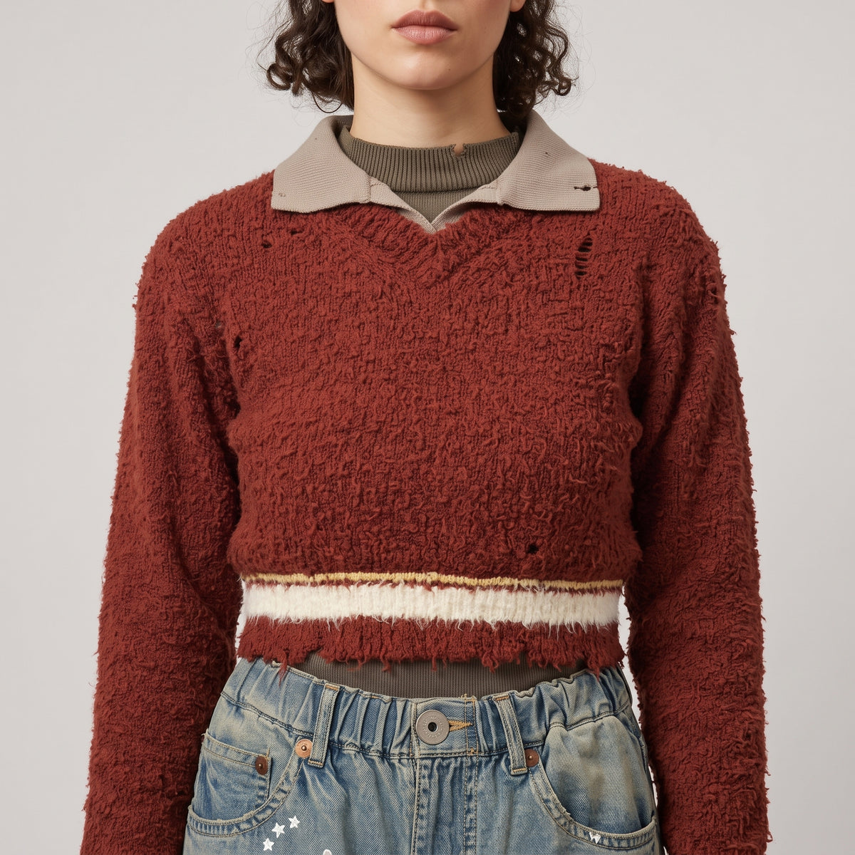 Distressed Textured Polo Sweater