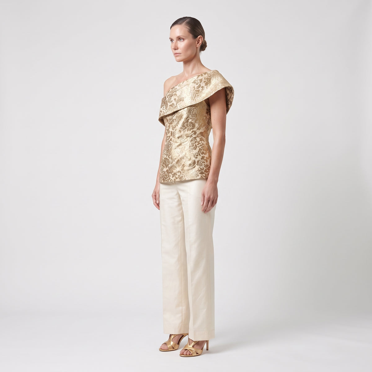 Metallic Gold Brocade One-Shoulder Top