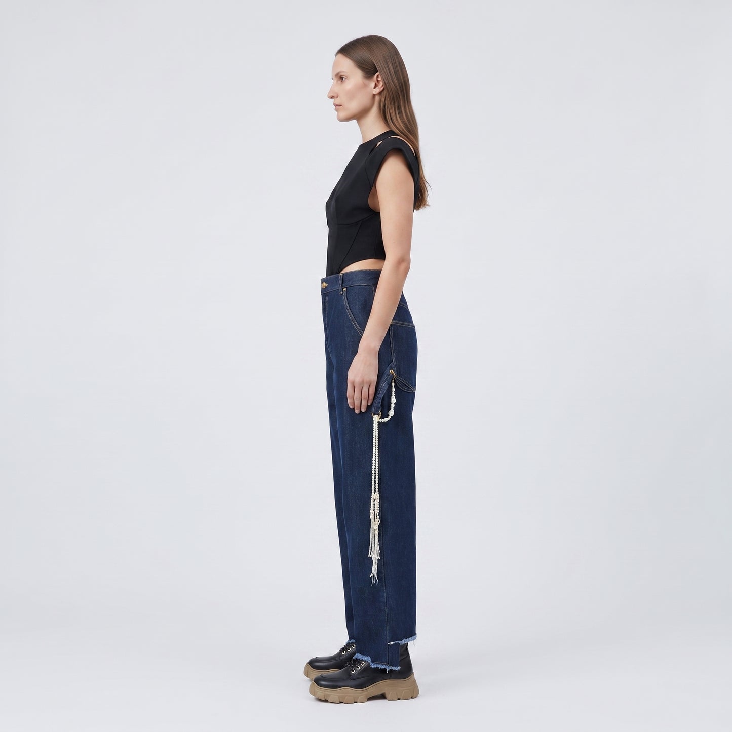 Embellished Raw Hem Denim Jeans
