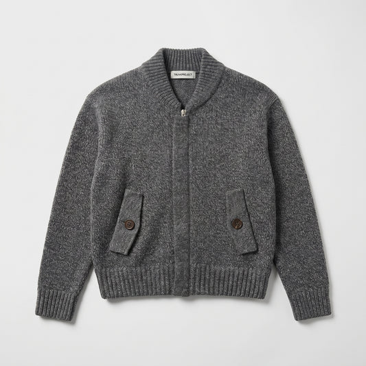 Grey Ribbed Knit Bomber Jacket