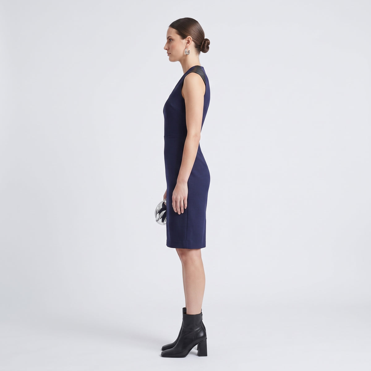 Leather-Trimmed Navy Sheath Dress
