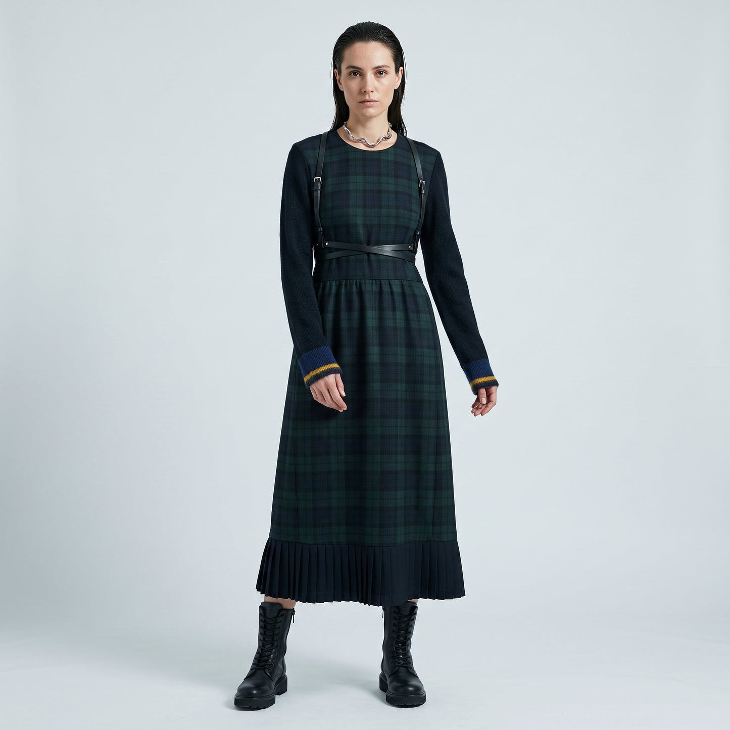 Tartan Paneled Pleated Midi Dress