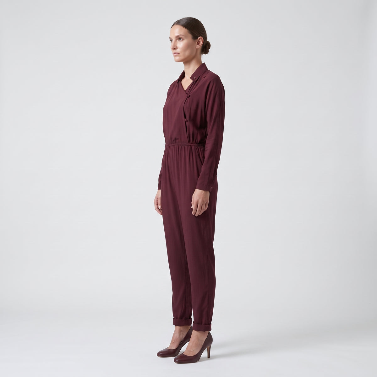Burgundy Buttoned Silk Jumpsuit