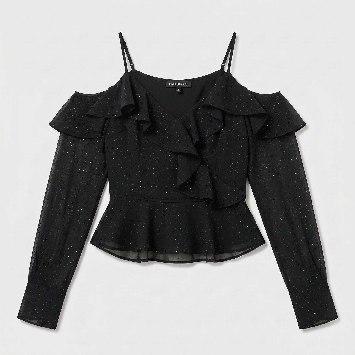 Shimmering Cold-Shoulder Ruffle Top