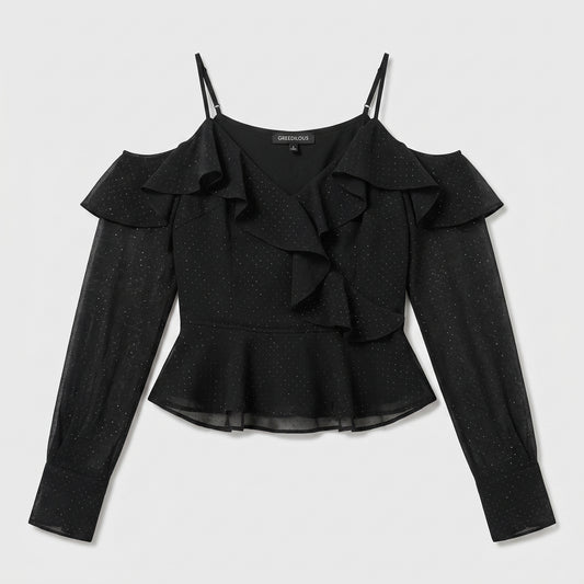 Shimmering Cold-Shoulder Ruffle Top