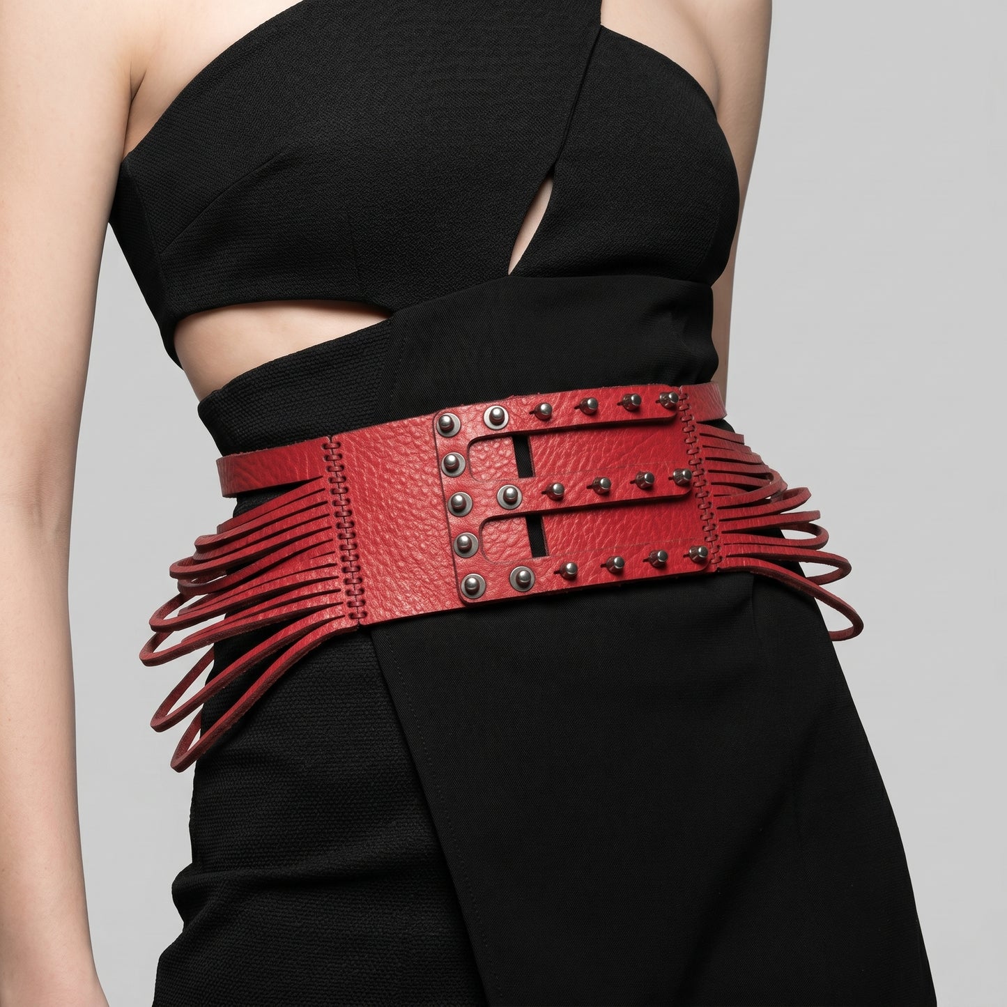 Studded Red Leather Corset Belt