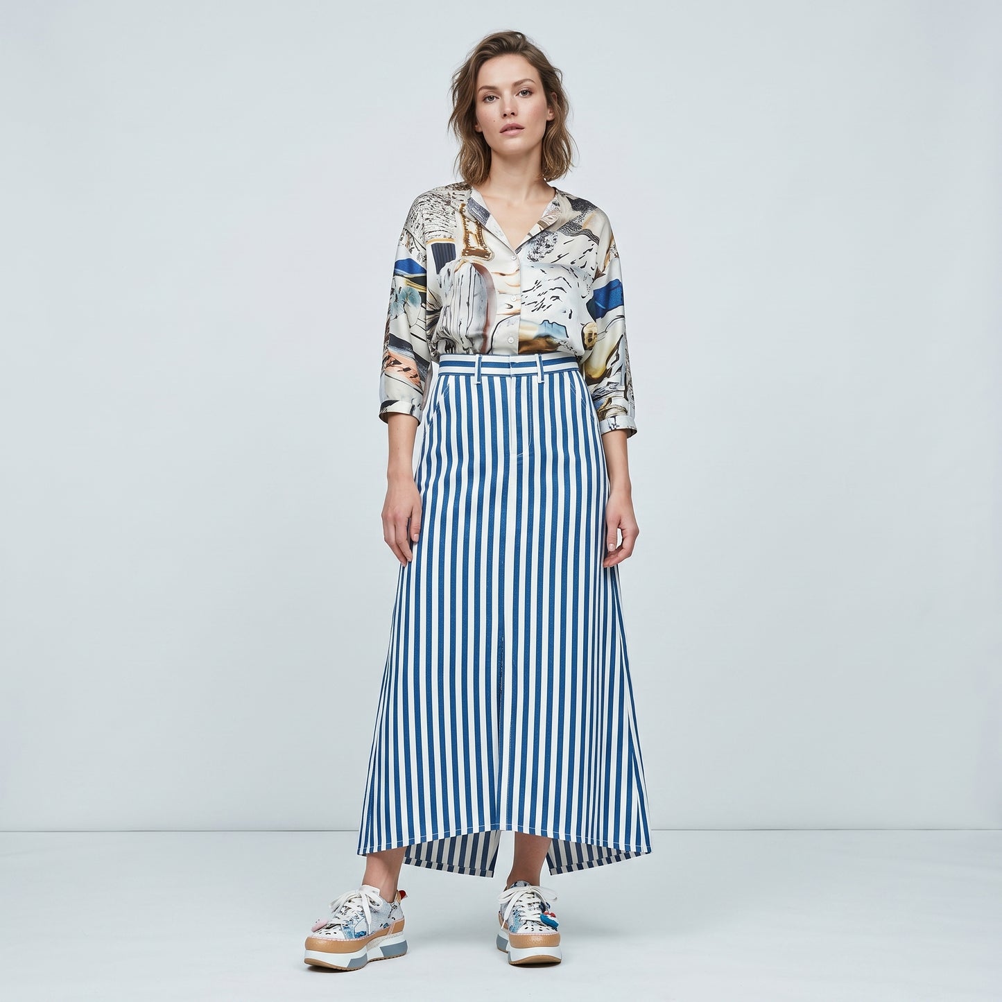 Striped High-Waisted A-Line Skirt
