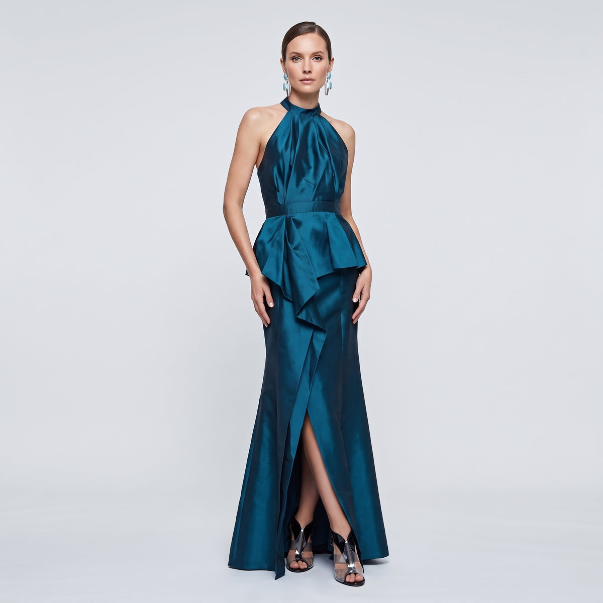 Teal Halter Peplum Evening Gown