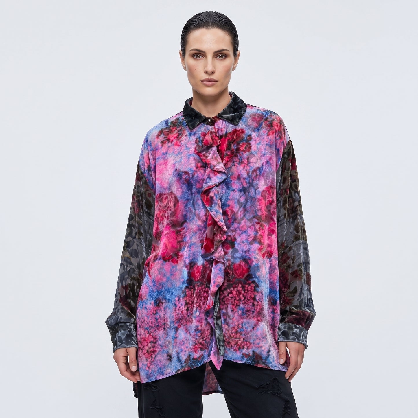 Floral Ruffle Velvet Shirt