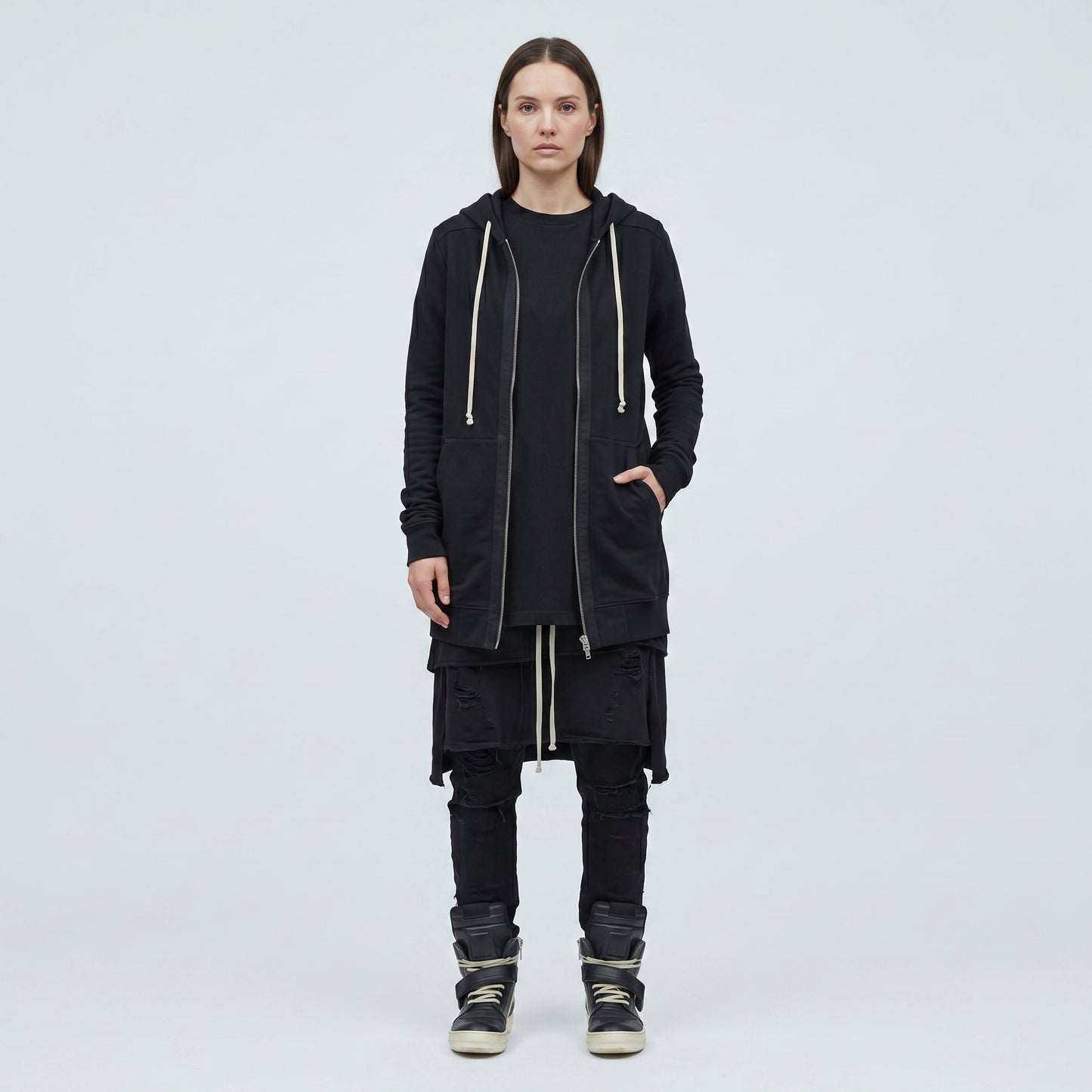 Longline Zip-Up Cotton Hoodie