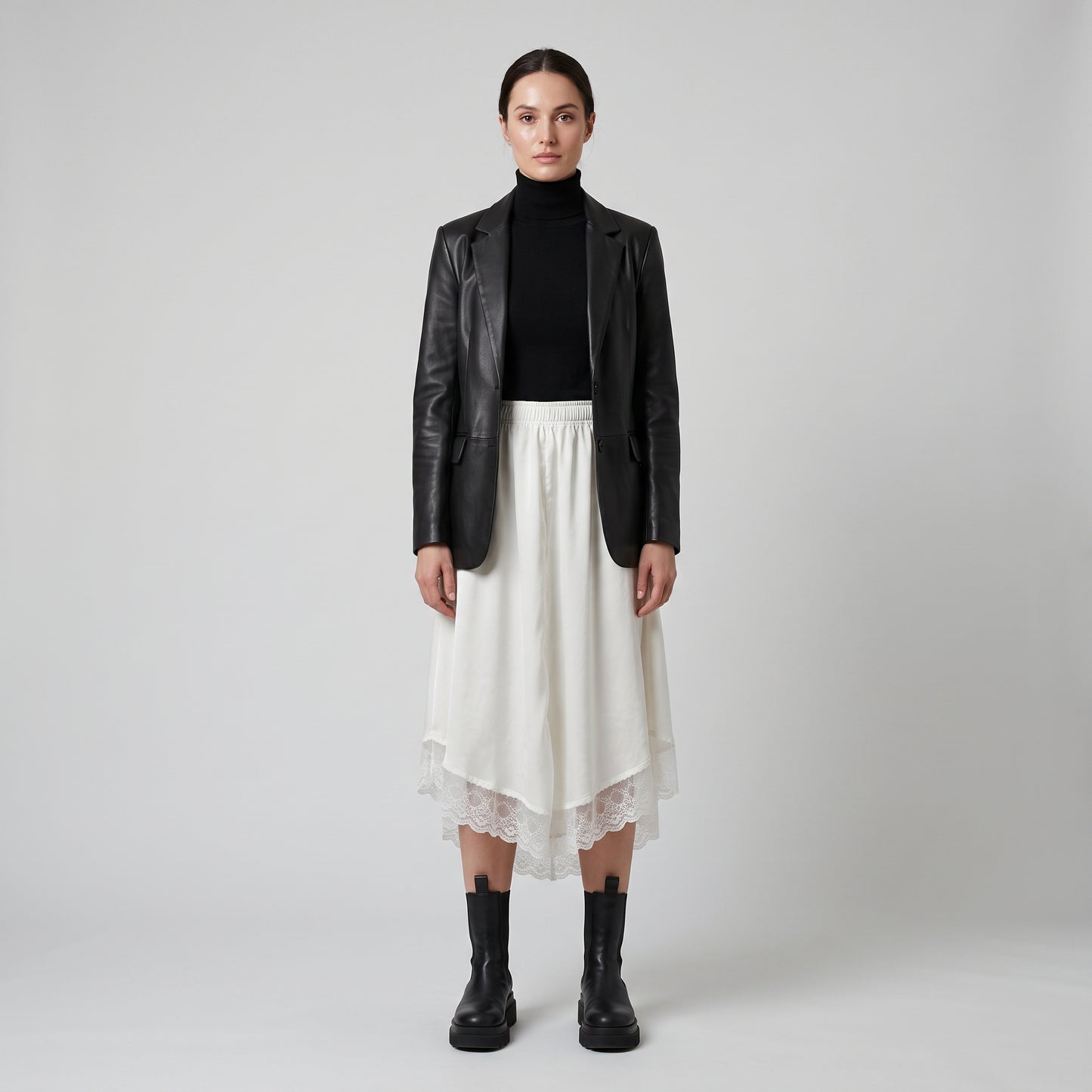 Lace Trim Satin Midi Skirt
