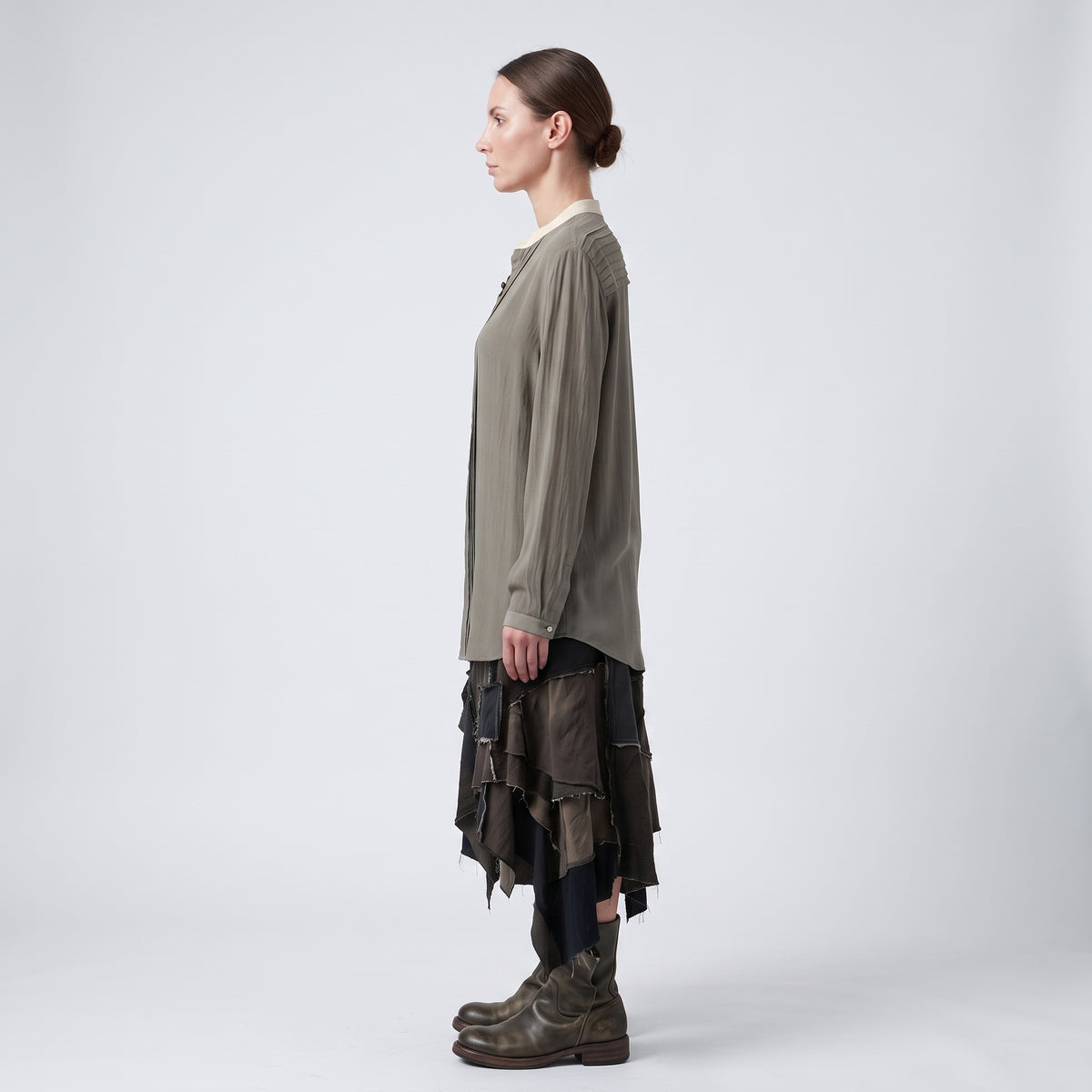 Pleated Detail Mandarin Collar Shirt