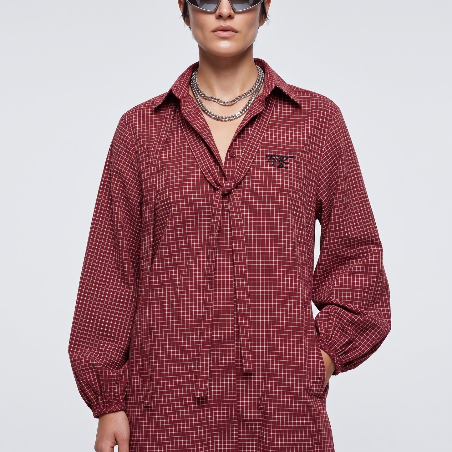 Checkered Longline Tie-Neck Dress