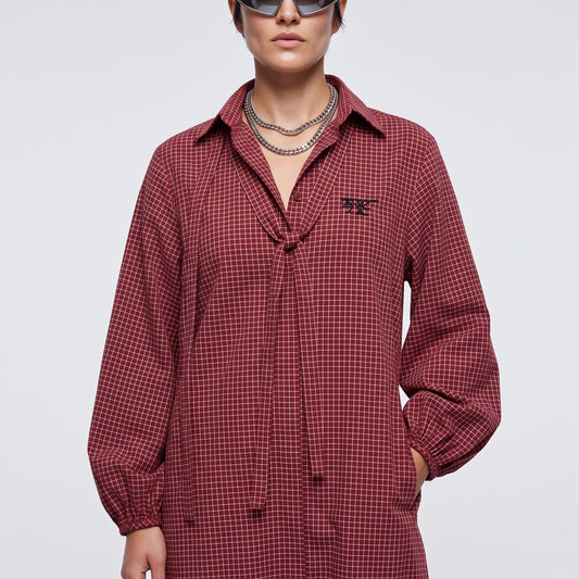Checkered Longline Tie-Neck Dress