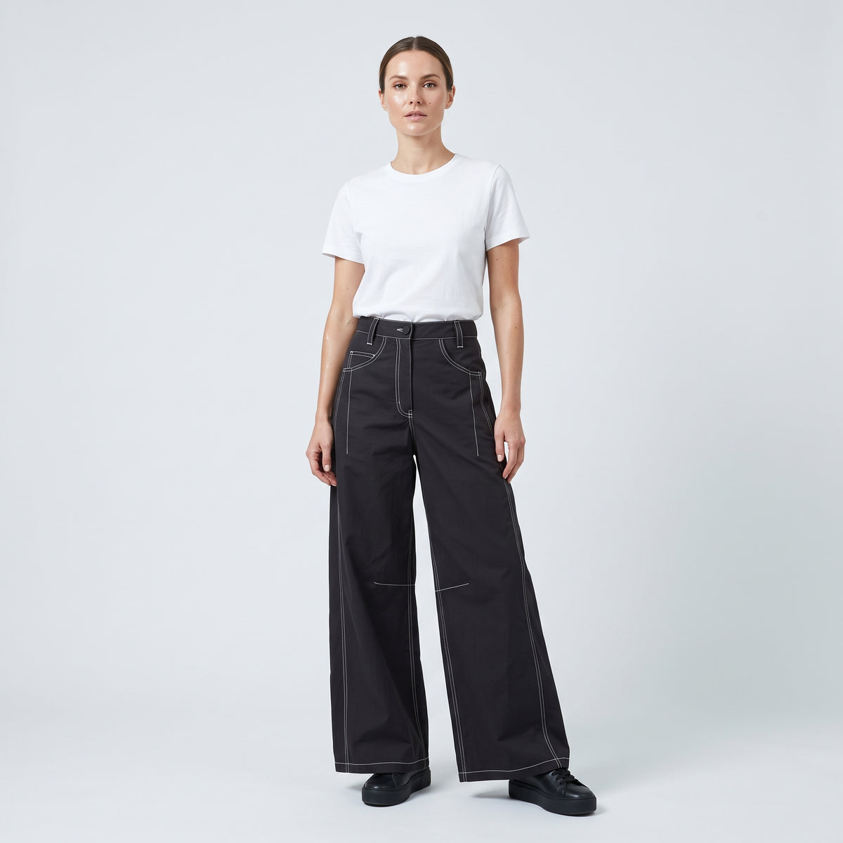 Contrast Stitch Wide Leg Trousers