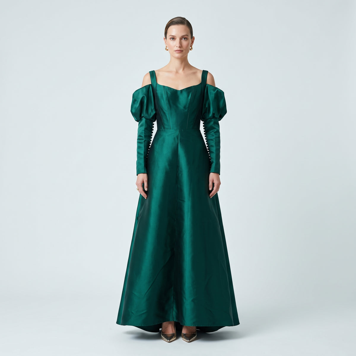 Emerald Cold Shoulder Satin Gown