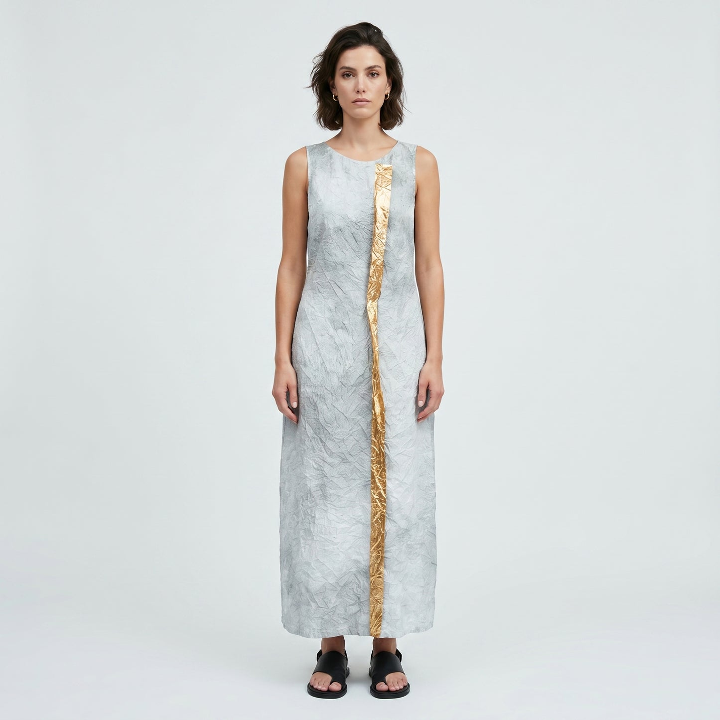 Crinkled Gold Detail Midi Dress