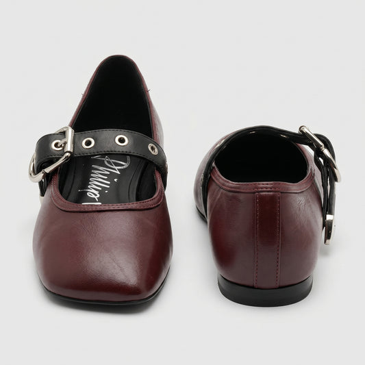 Burgundy Buckled Leather Flats