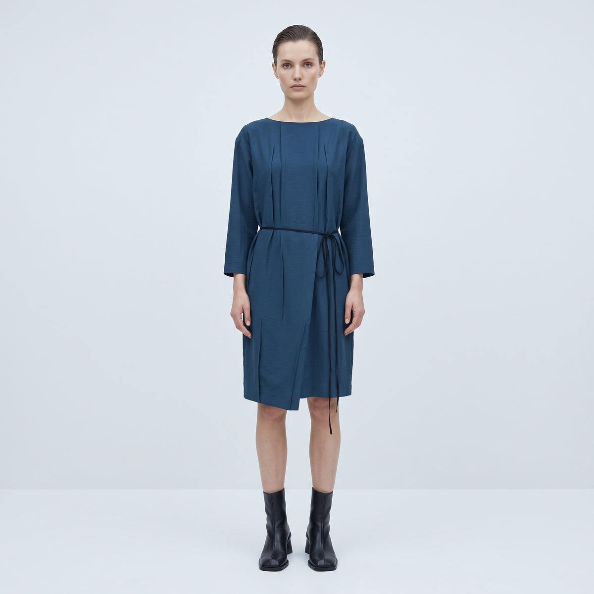 Textured Blue Wrap Midi Dress