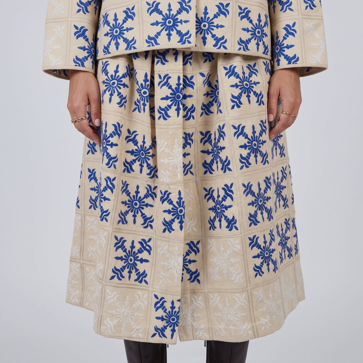 Embroidered Tile Print Midi Skirt