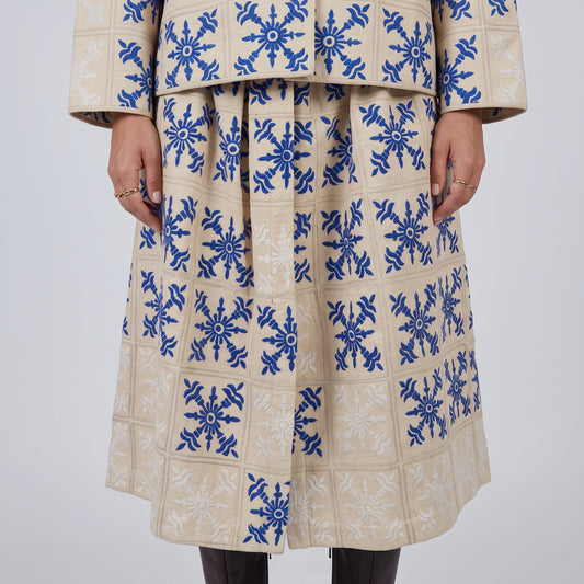 Embroidered Tile Print Midi Skirt