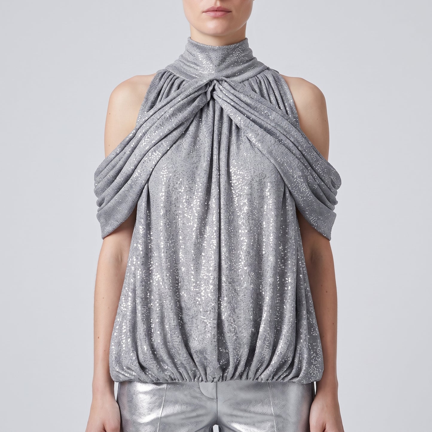 Metallic Draped Mock Neck Top