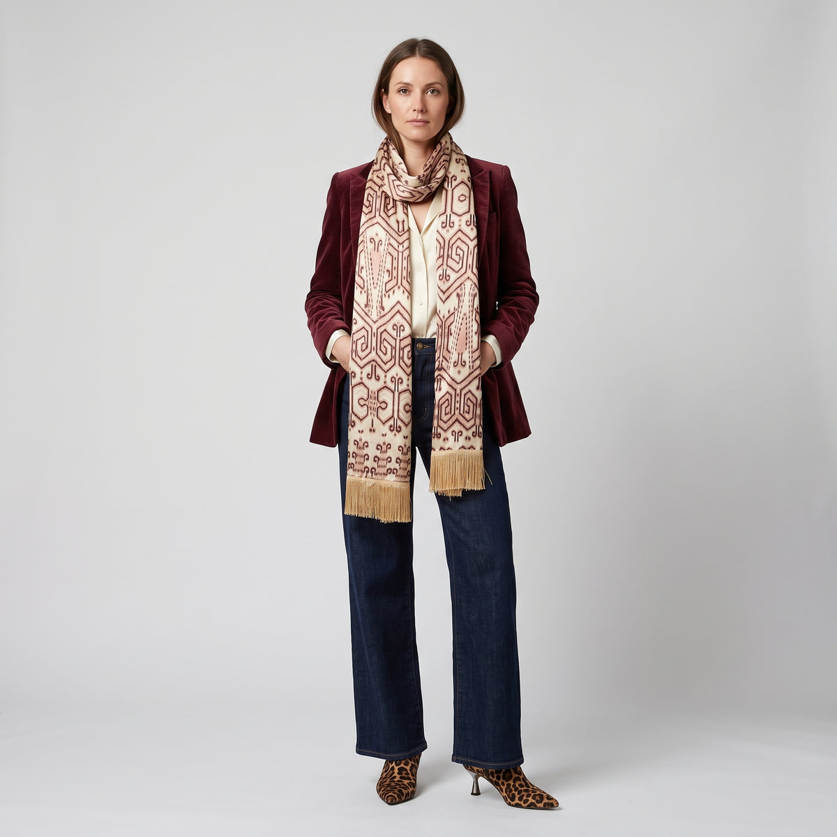 Ikat Pattern Fringed Silk Scarf
