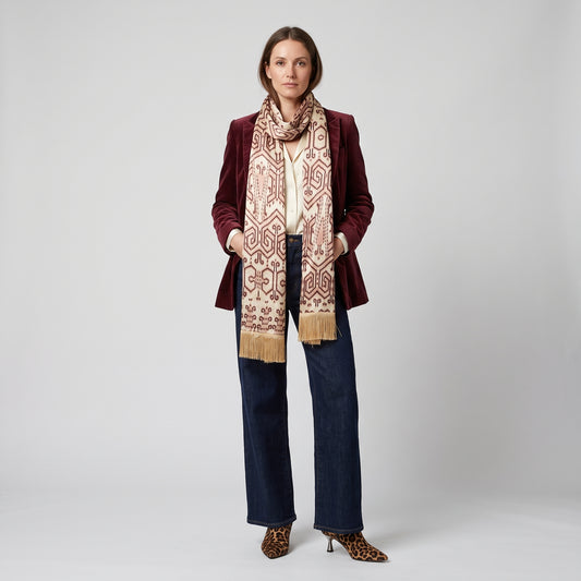 Ikat Pattern Fringed Silk Scarf