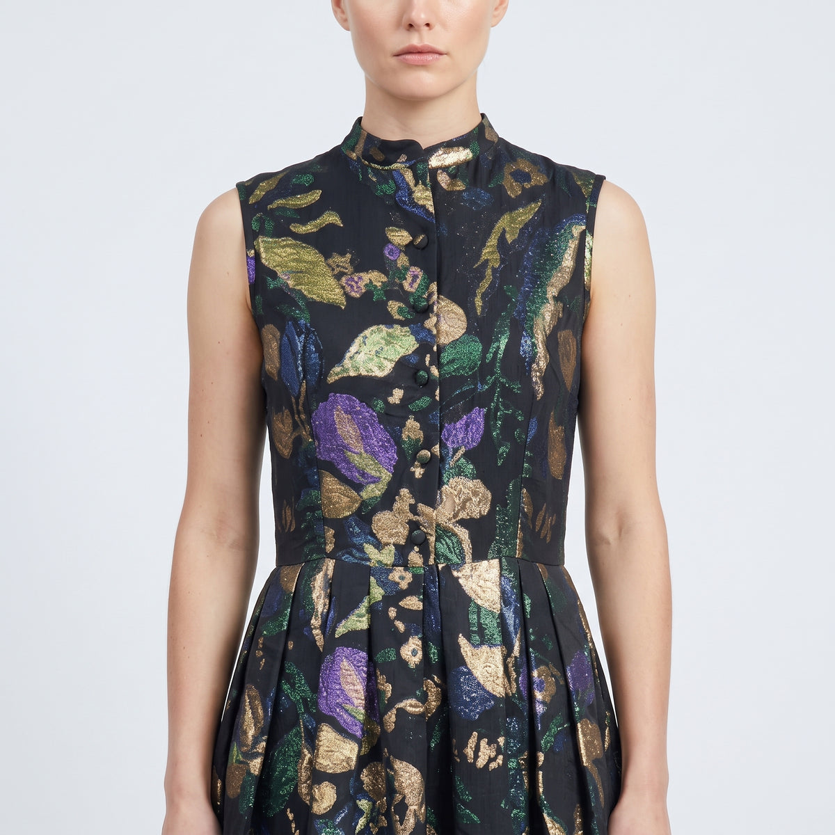 Metallic Floral Brocade Fit Dress