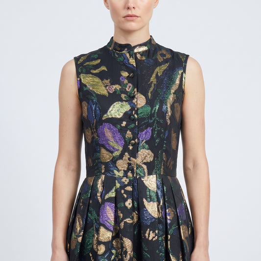 Metallic Floral Brocade Fit Dress