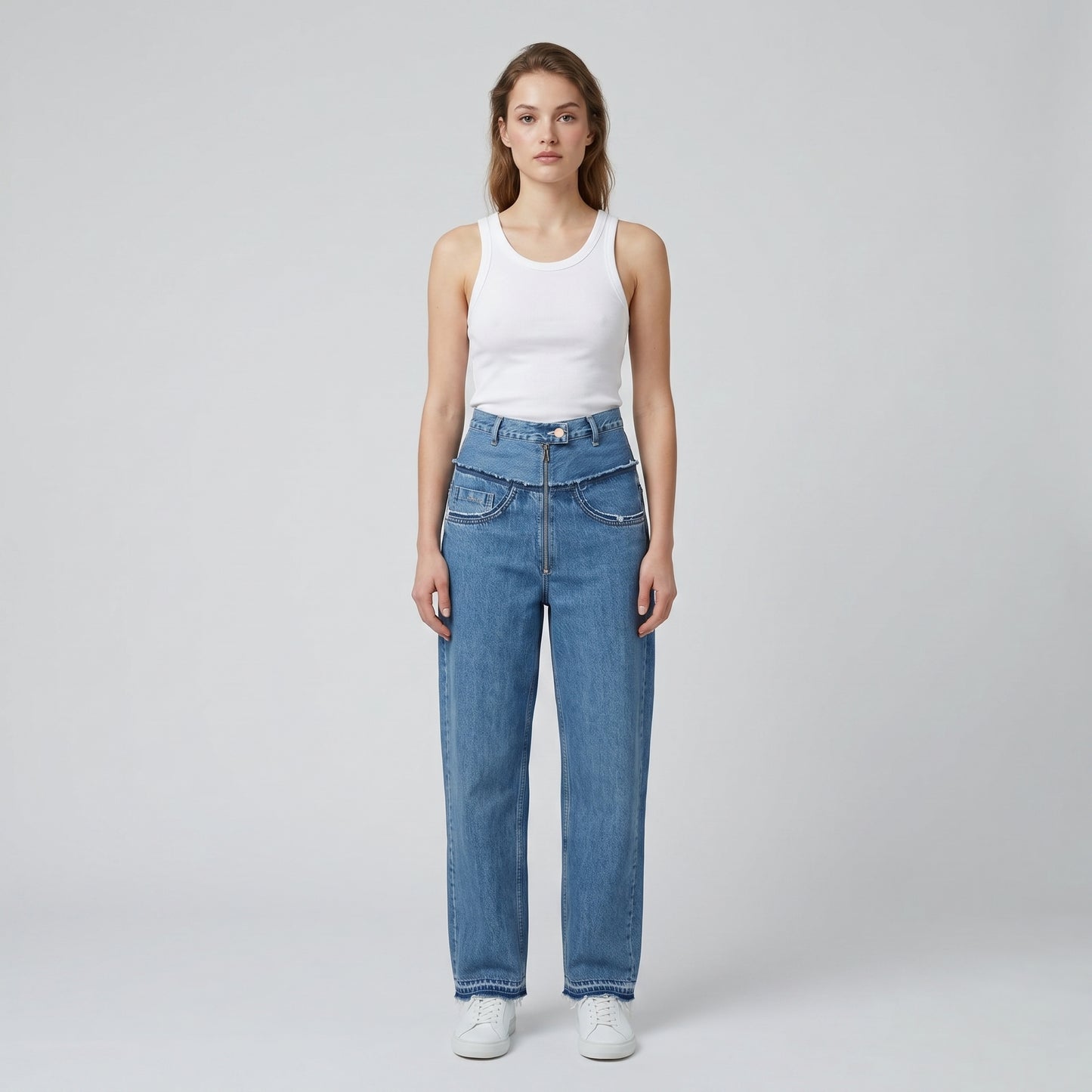 High-Waisted Distressed Denim Jeans