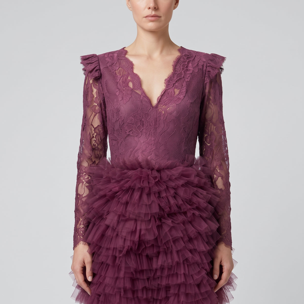 Burgundy Lace Ruffle Mini Dress