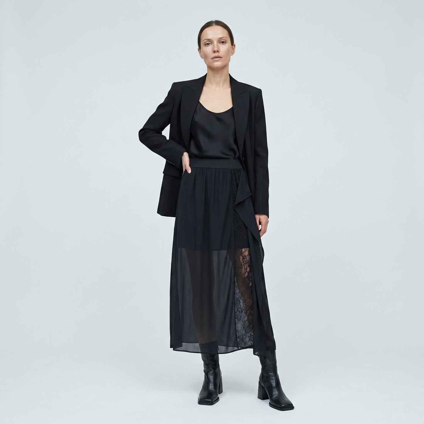Lace-Paneled Draped Midi Skirt