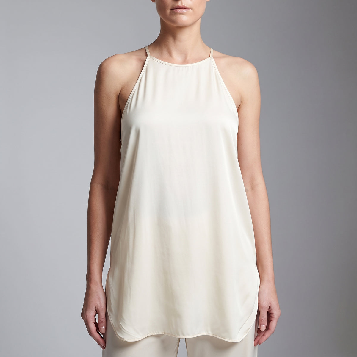Sleeveless Cream Satin Tank Dress