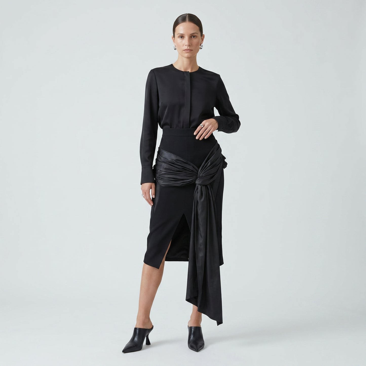 Sculptural Draped Black Midi Skirt