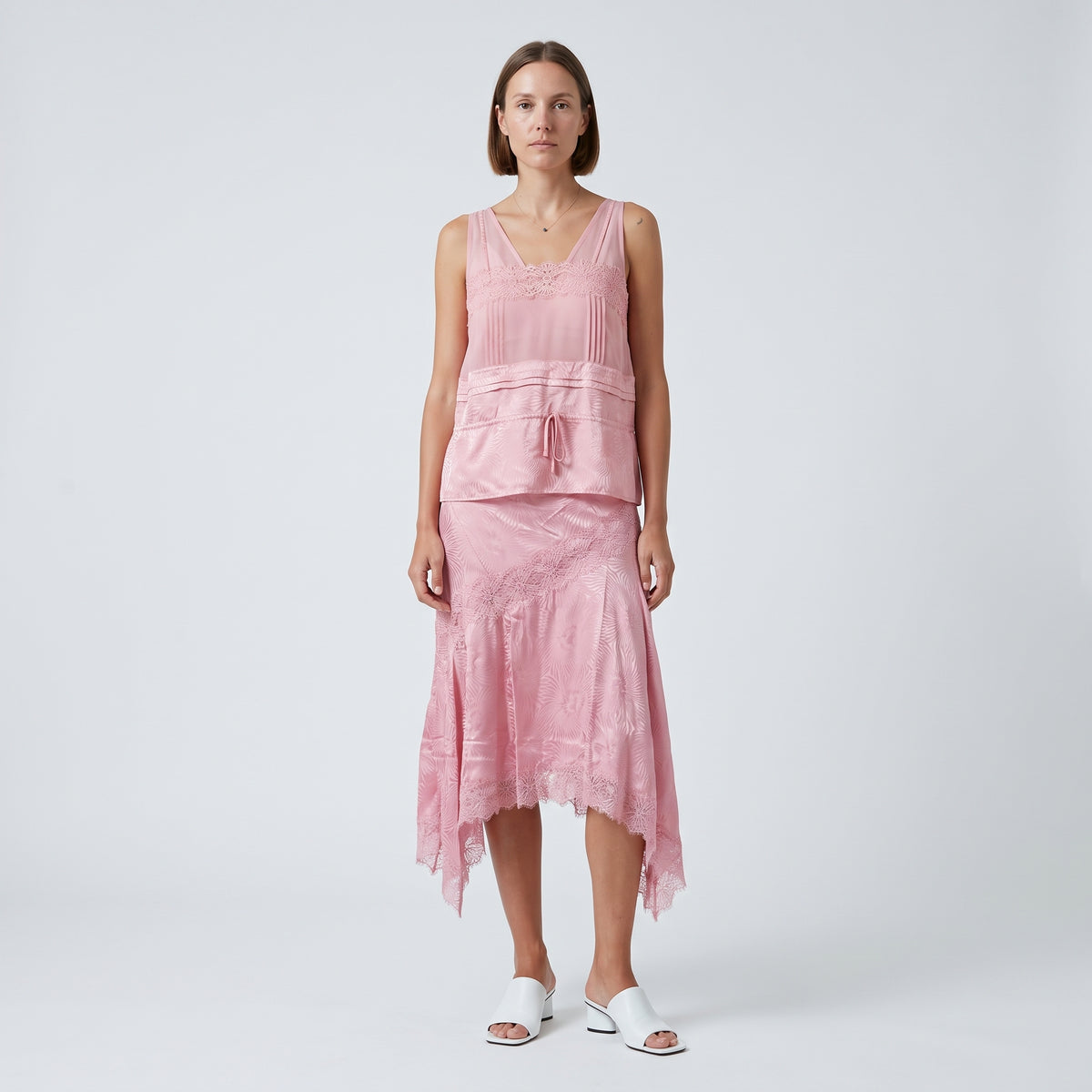 Lace Trimmed Peplum Silk Tank