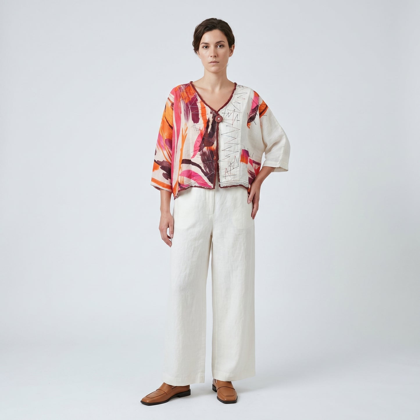 Abstract Print Linen Cropped Jacket