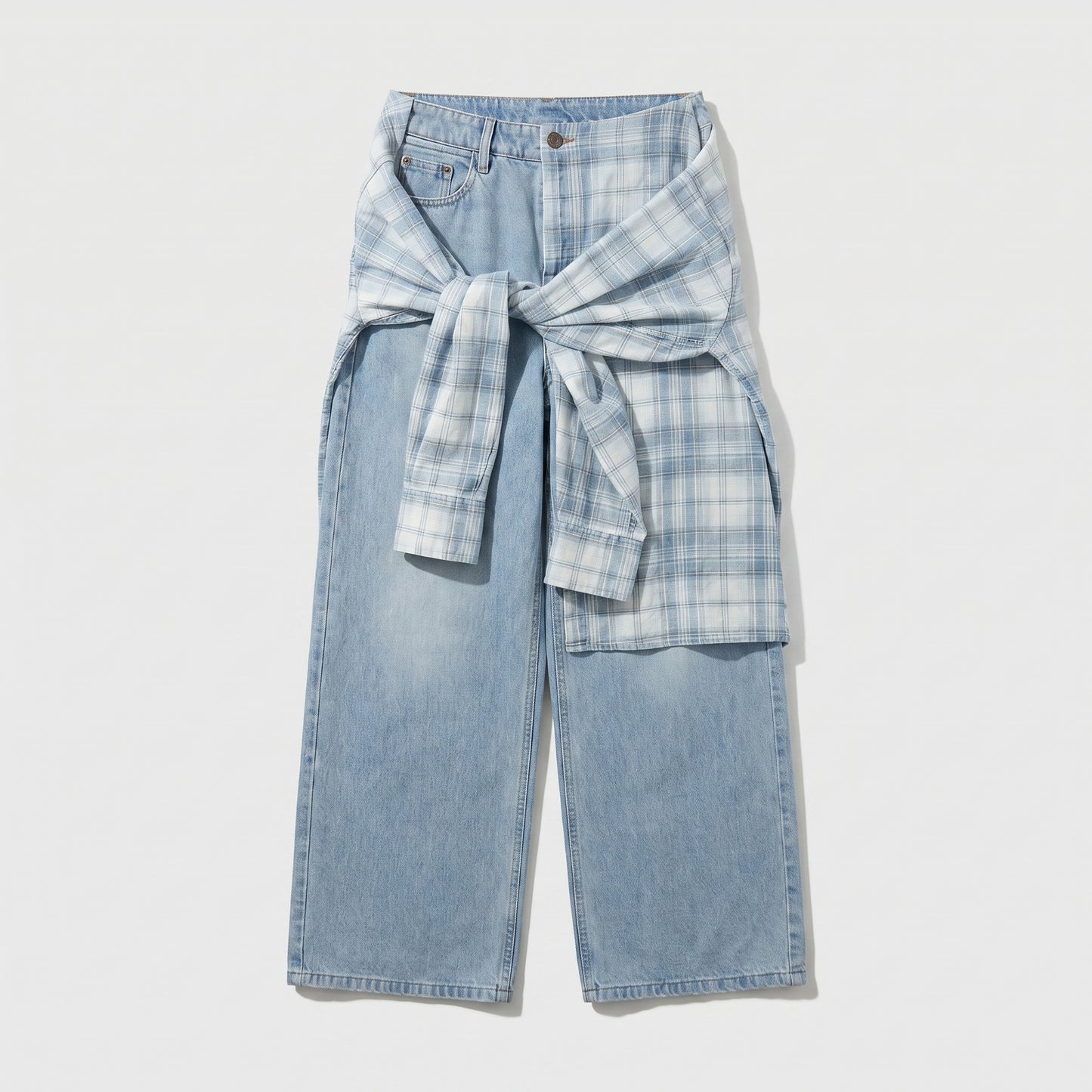 Layered Plaid Wide Leg Jeans