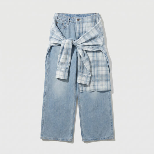 Layered Plaid Wide Leg Jeans