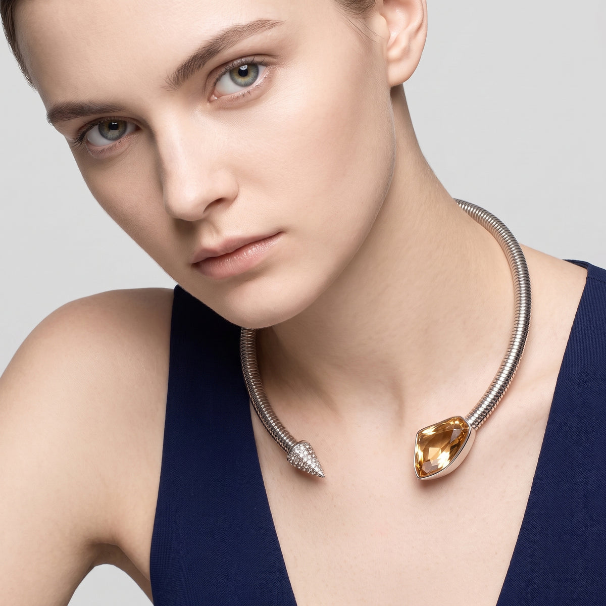 Crystal Embellished Silver Torque Necklace
