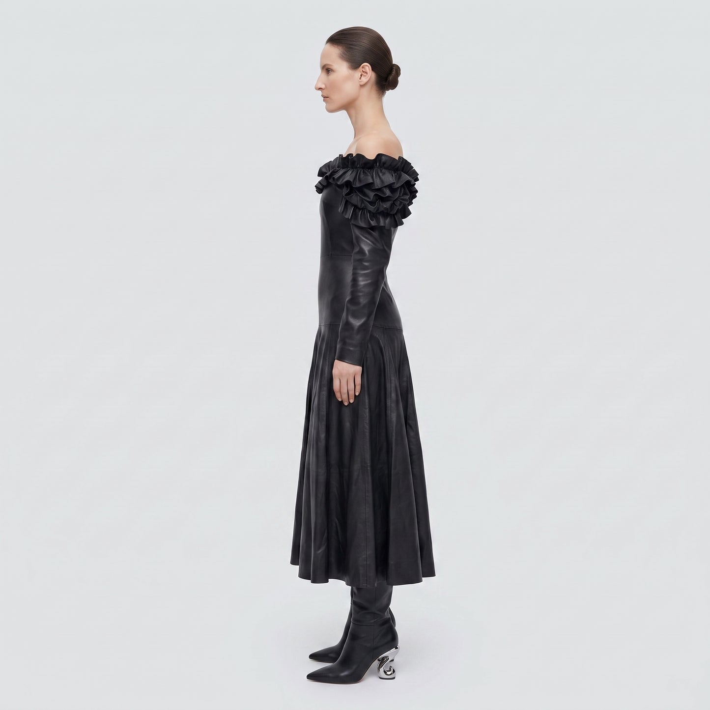 Ruffled Off-Shoulder Leather Dress