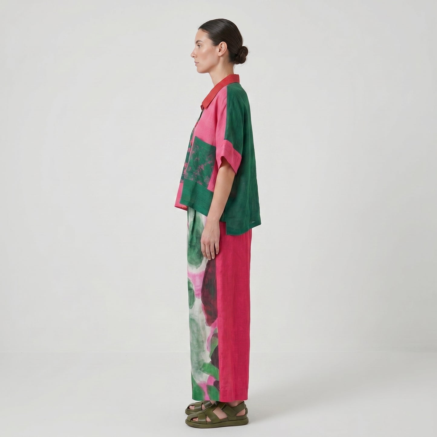 Colorblock Printed Linen Button-Up