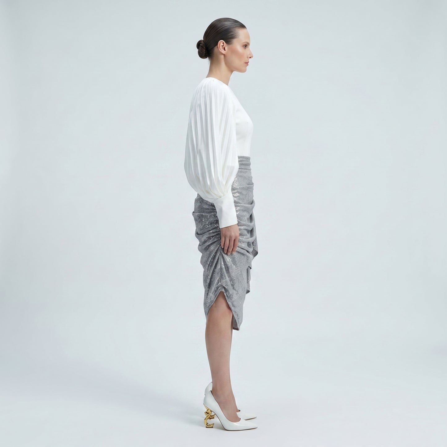 Metallic Draped Asymmetric Skirt