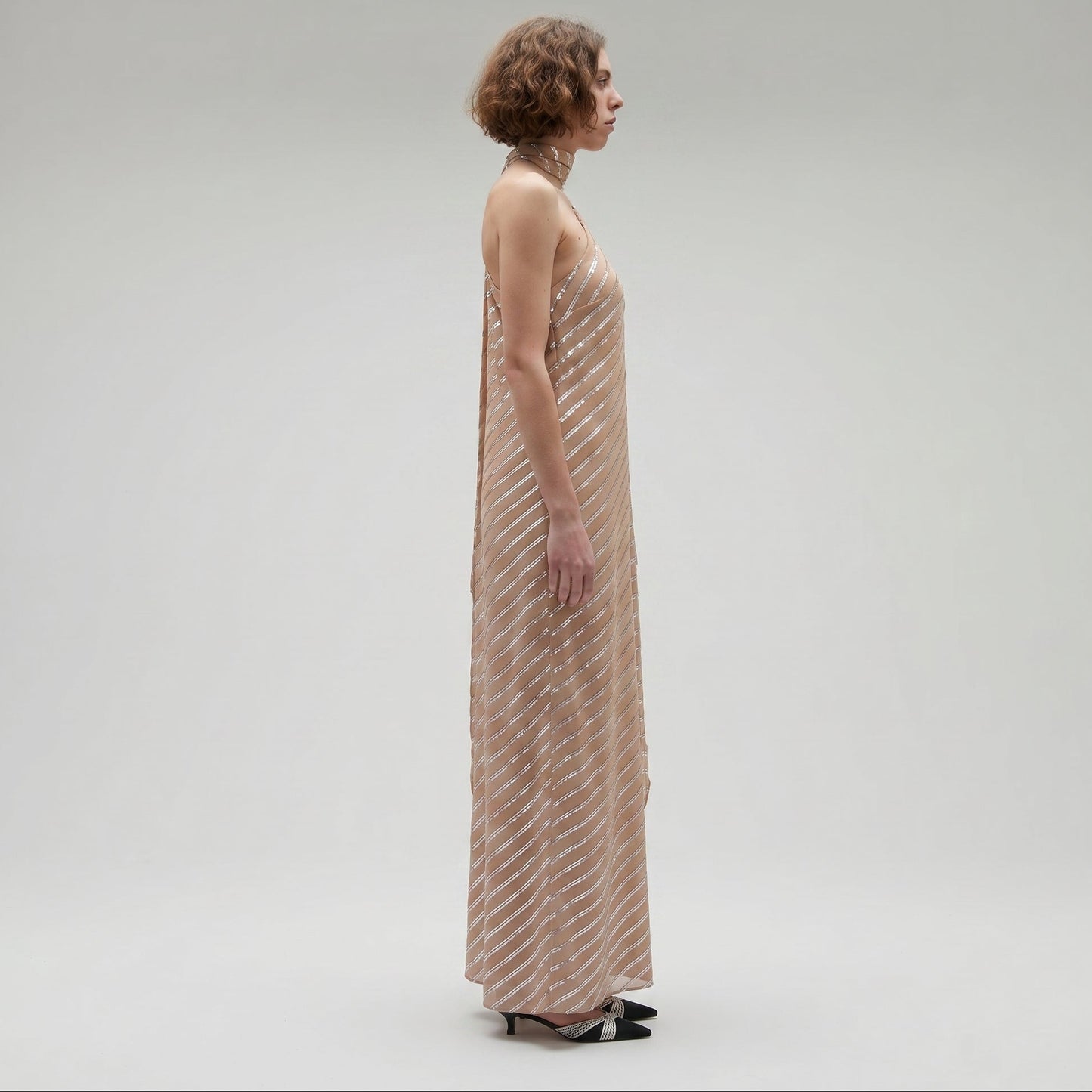 Metallic Stripe One-Shoulder Dress
