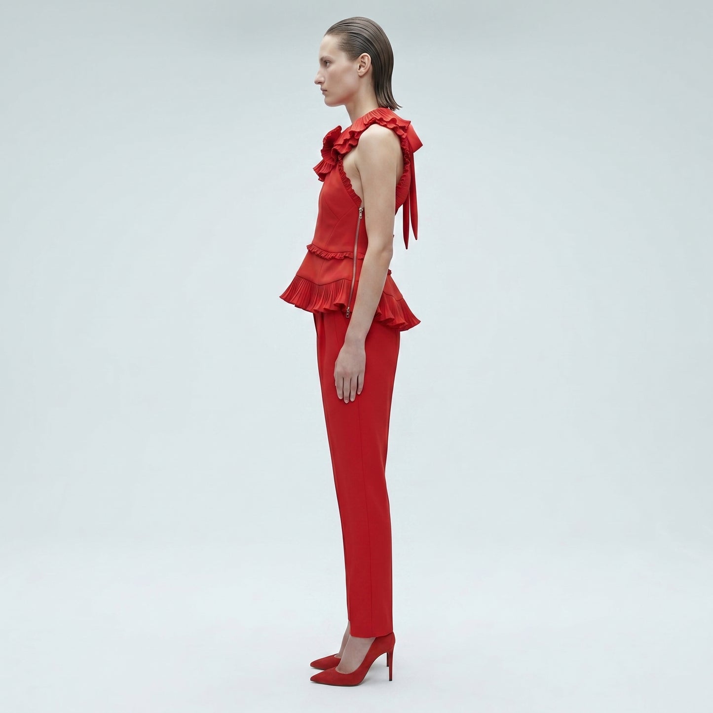 Pleated Ruffle Detail Red Top